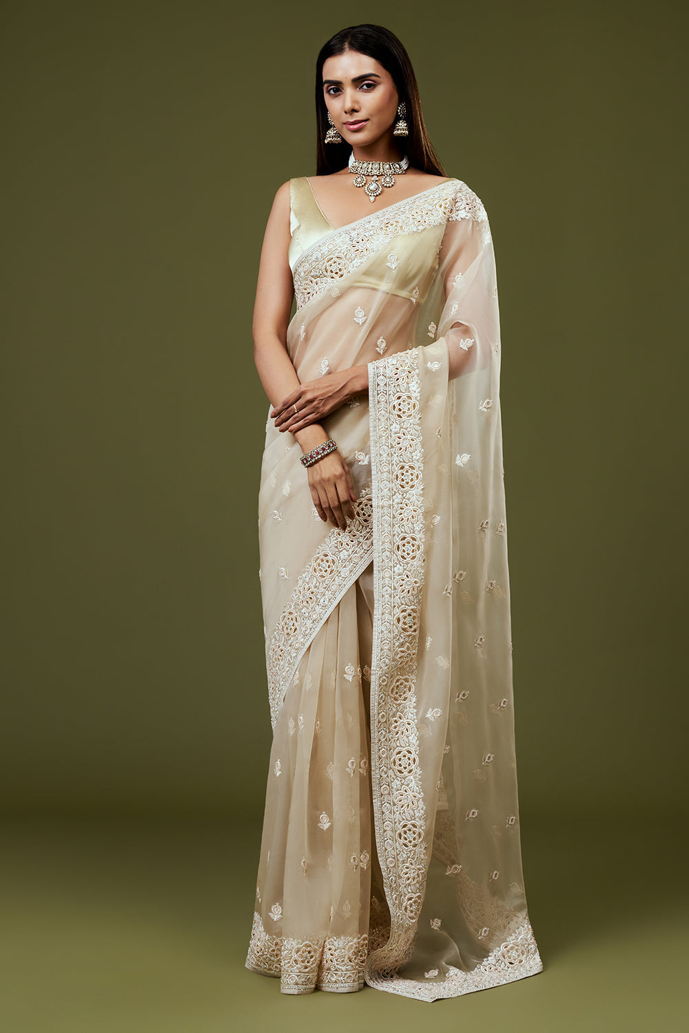 Beige Organza Saree with Resham Embroidery and Butti Work