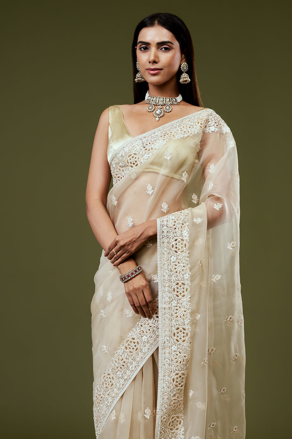 Beige Organza Saree with Resham Embroidery and Butti Work