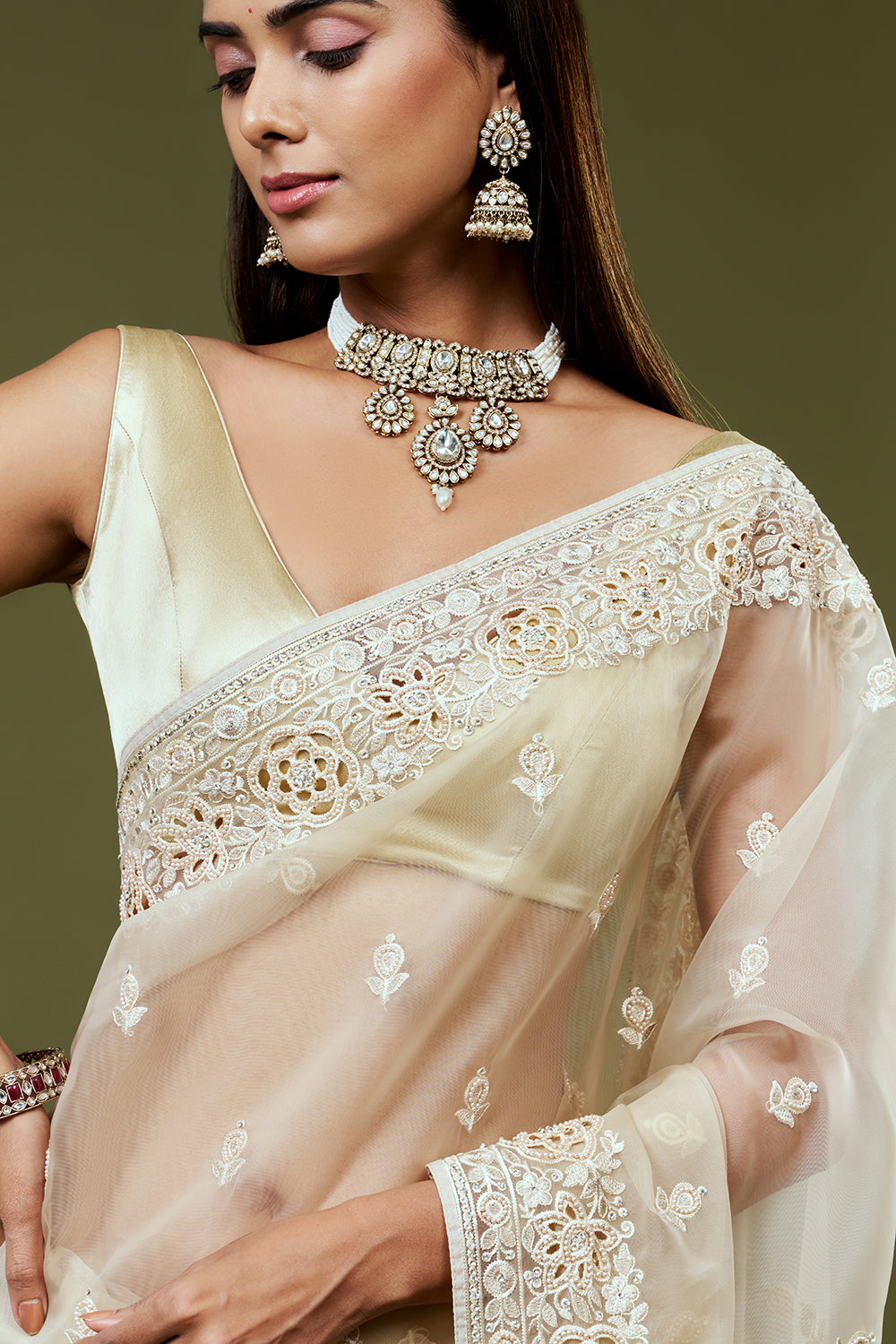 Beige Organza Saree with Resham Embroidery and Butti Work