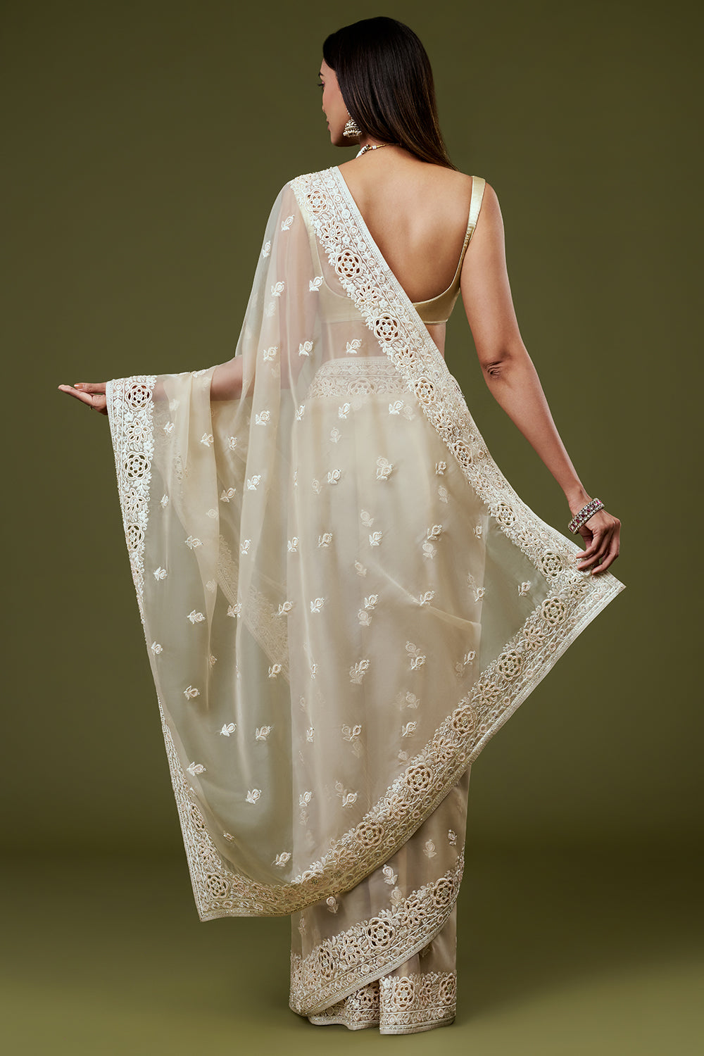 Beige Organza Saree with Resham Embroidery and Butti Work