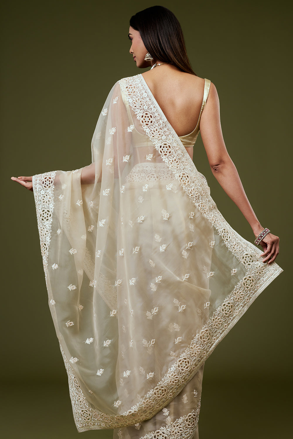 Beige Organza Saree with Resham Embroidery and Butti Work