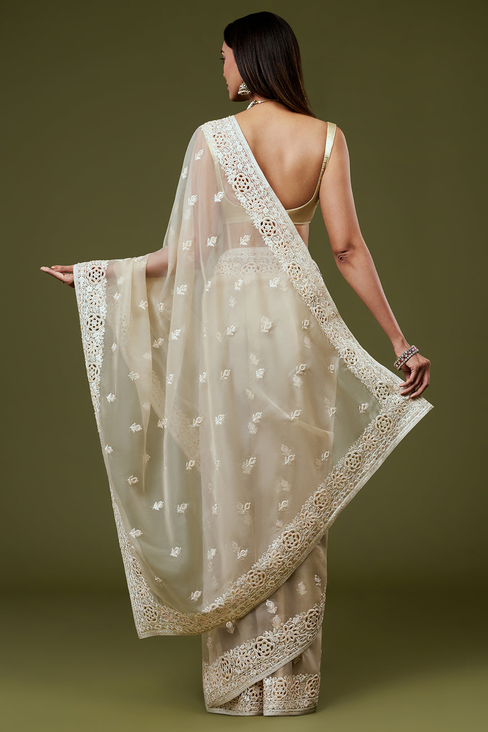 Beige Organza Saree with Resham Embroidery and Butti Work