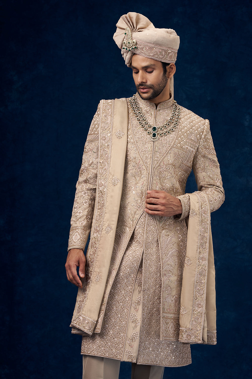 Beige Raw Silk Embroidered Groom Sherwani with Resham and Bead Work