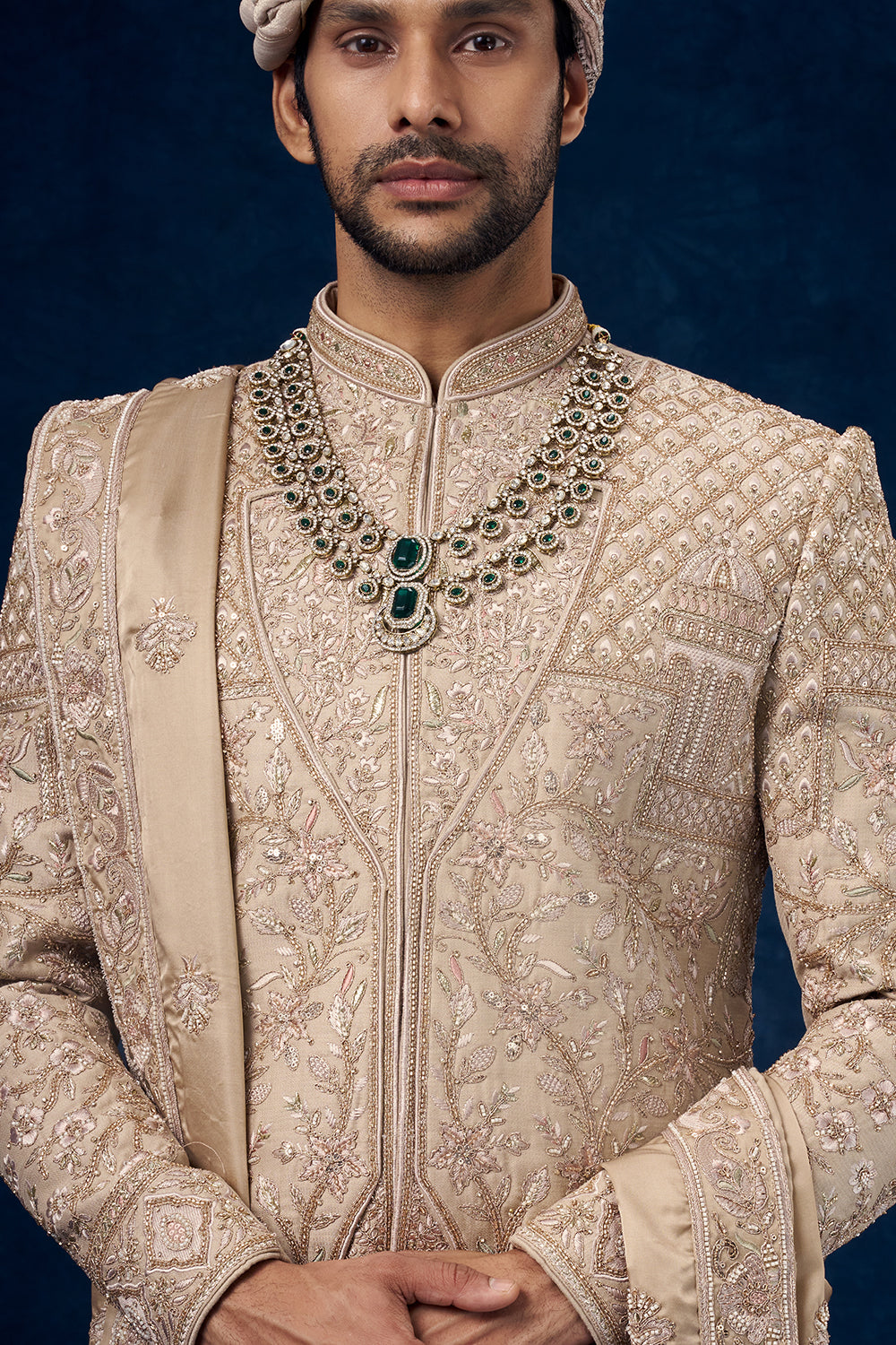 Beige Raw Silk Embroidered Groom Sherwani with Resham and Bead Work