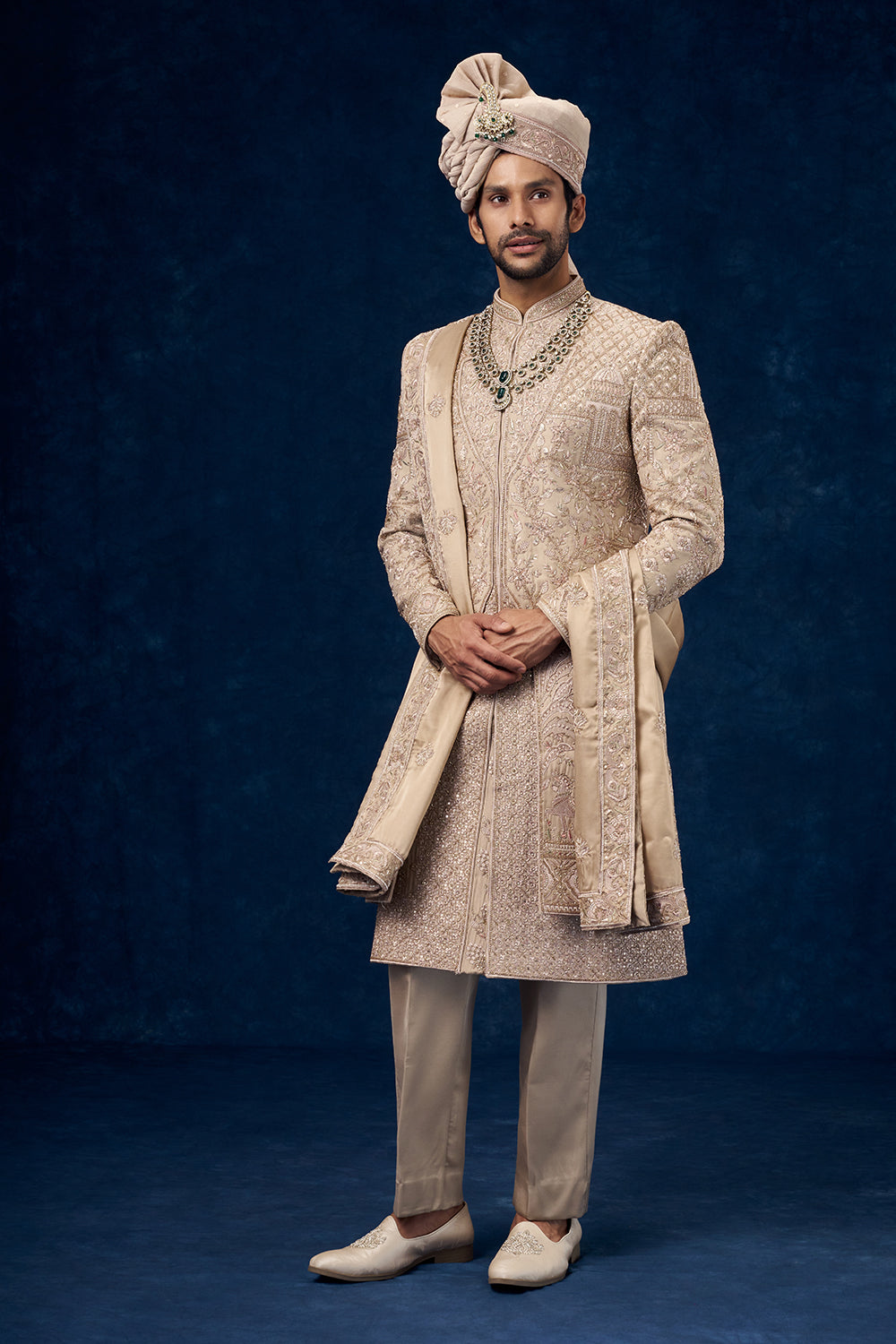 Beige Raw Silk Embroidered Groom Sherwani with Resham and Bead Work