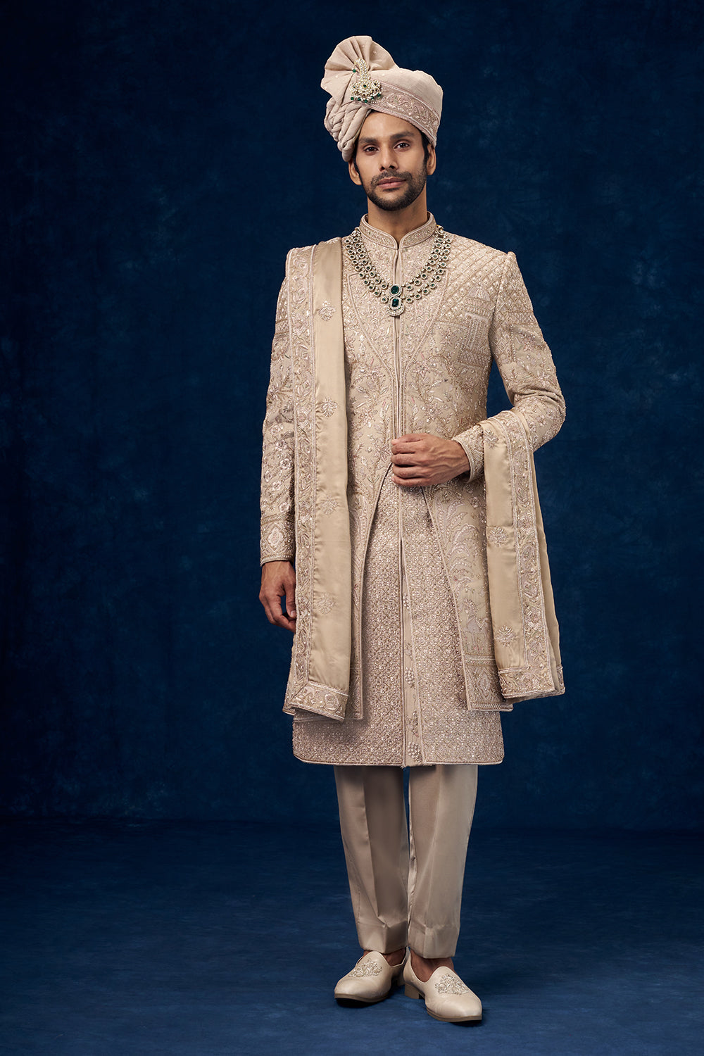 Beige Raw Silk Embroidered Groom Sherwani with Resham and Bead Work