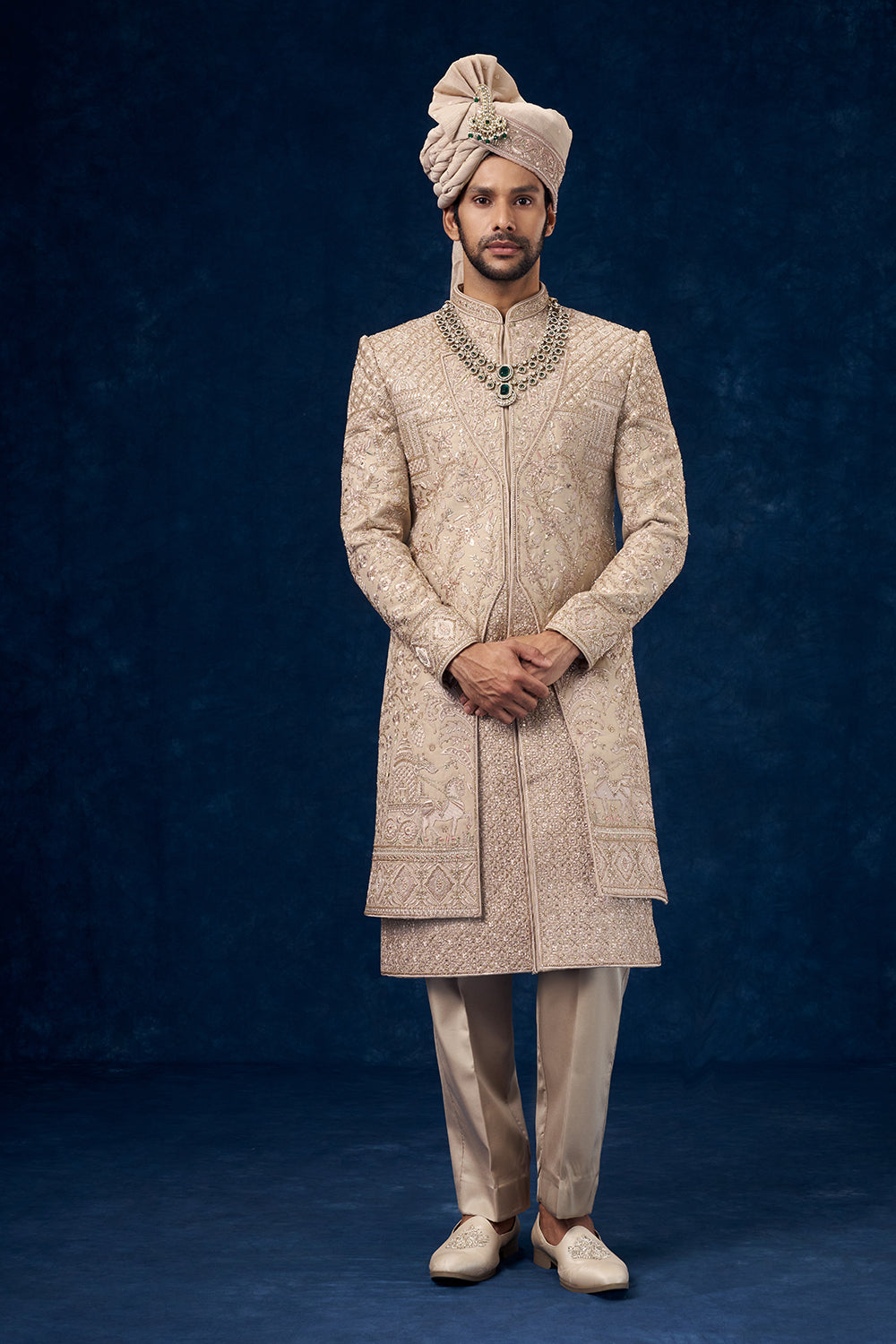 Beige Raw Silk Embroidered Groom Sherwani with Resham and Bead Work