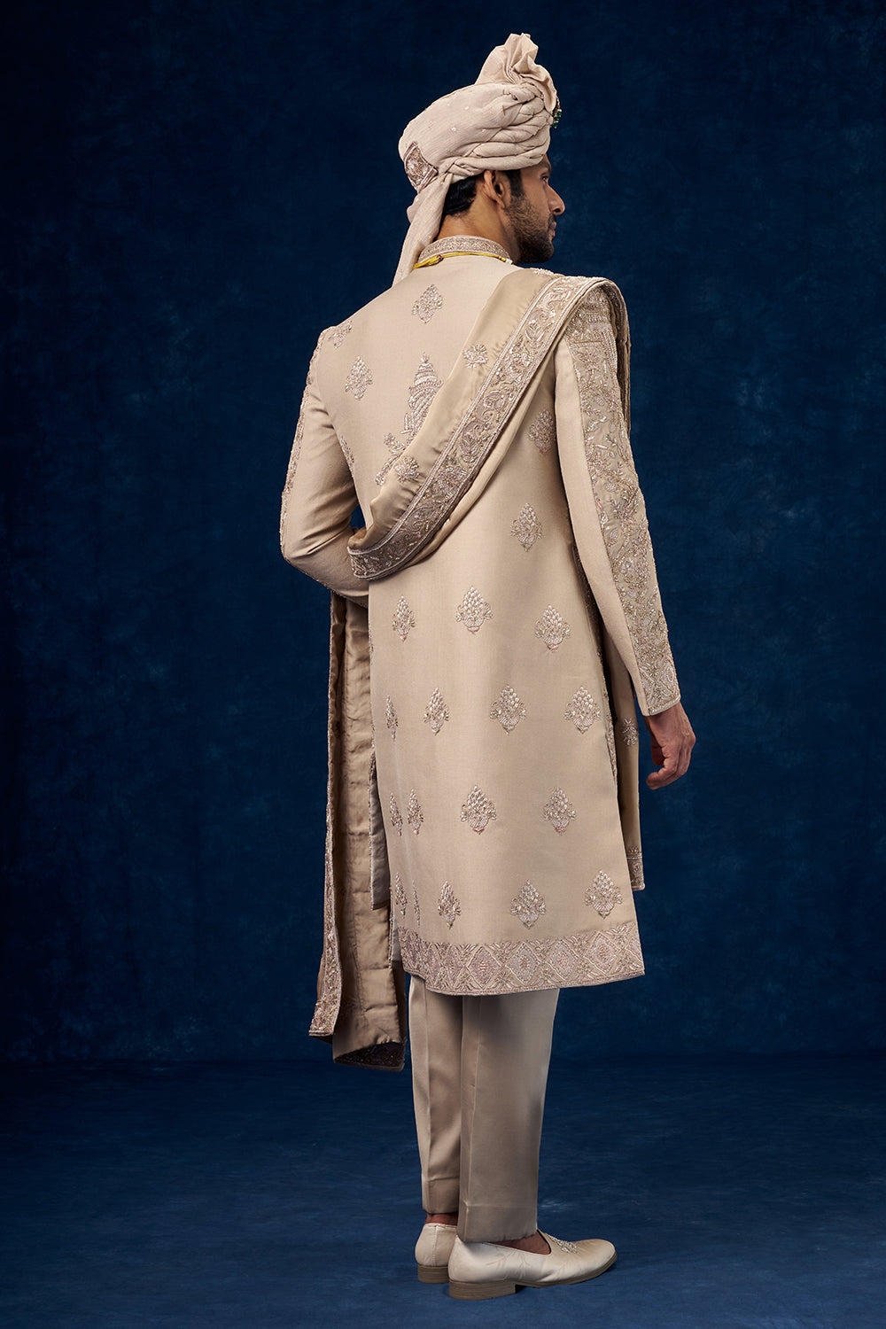 Beige Raw Silk Embroidered Groom Sherwani with Resham and Bead Work
