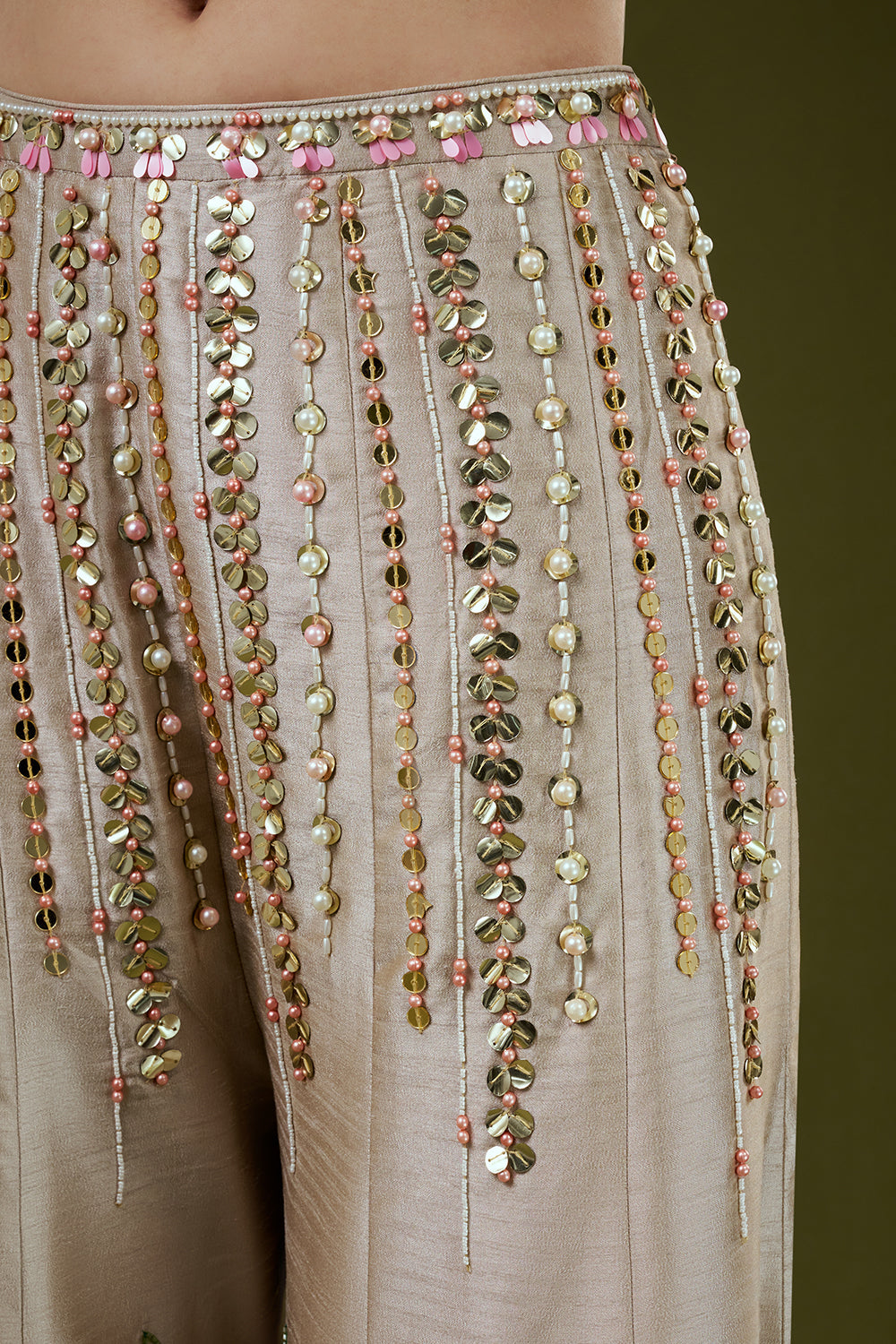 Beige Raw Silk Palazzo Set with 3D Floral Work