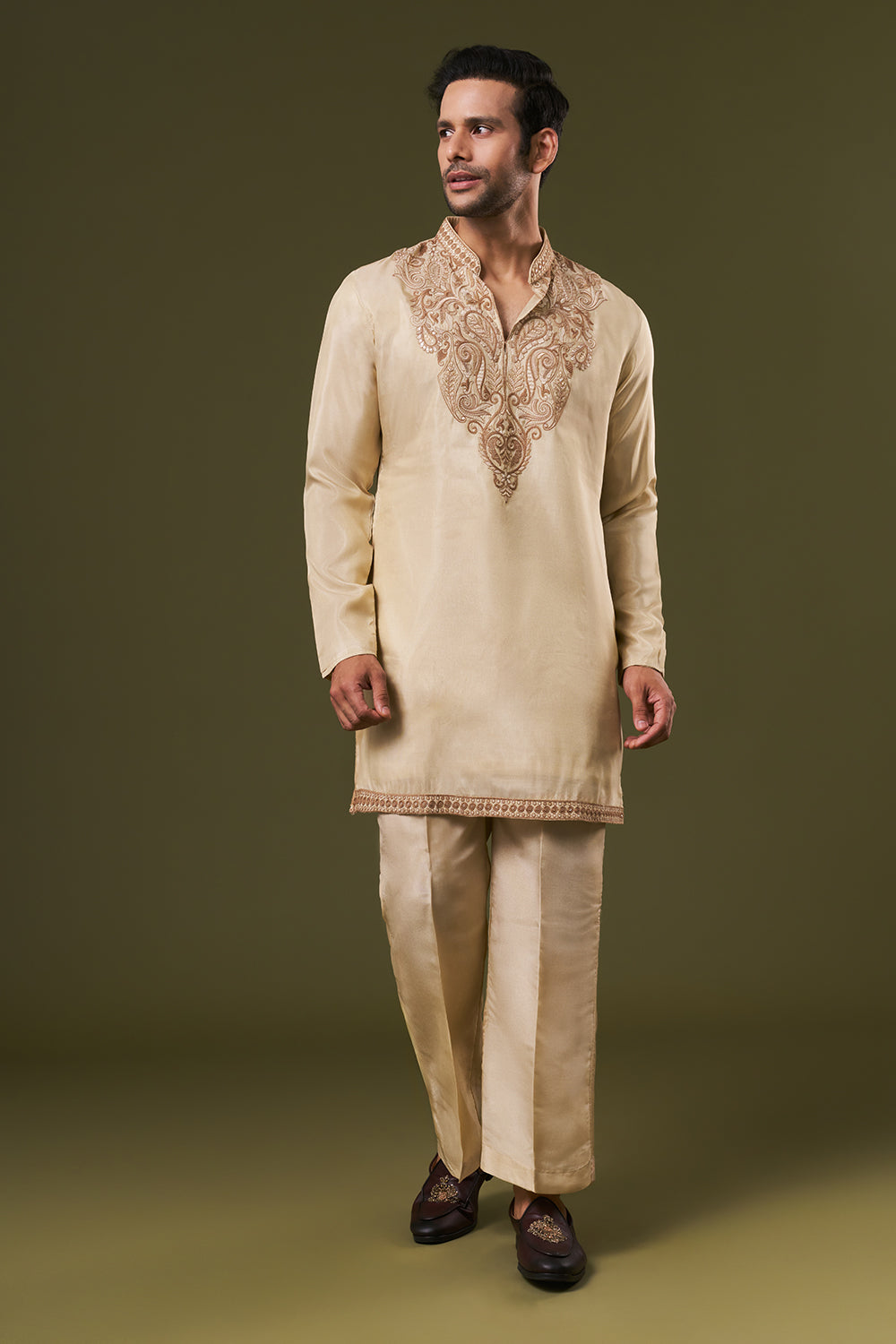 Beige Shimmer Mens Kurta Set with Dori and Sequins Work