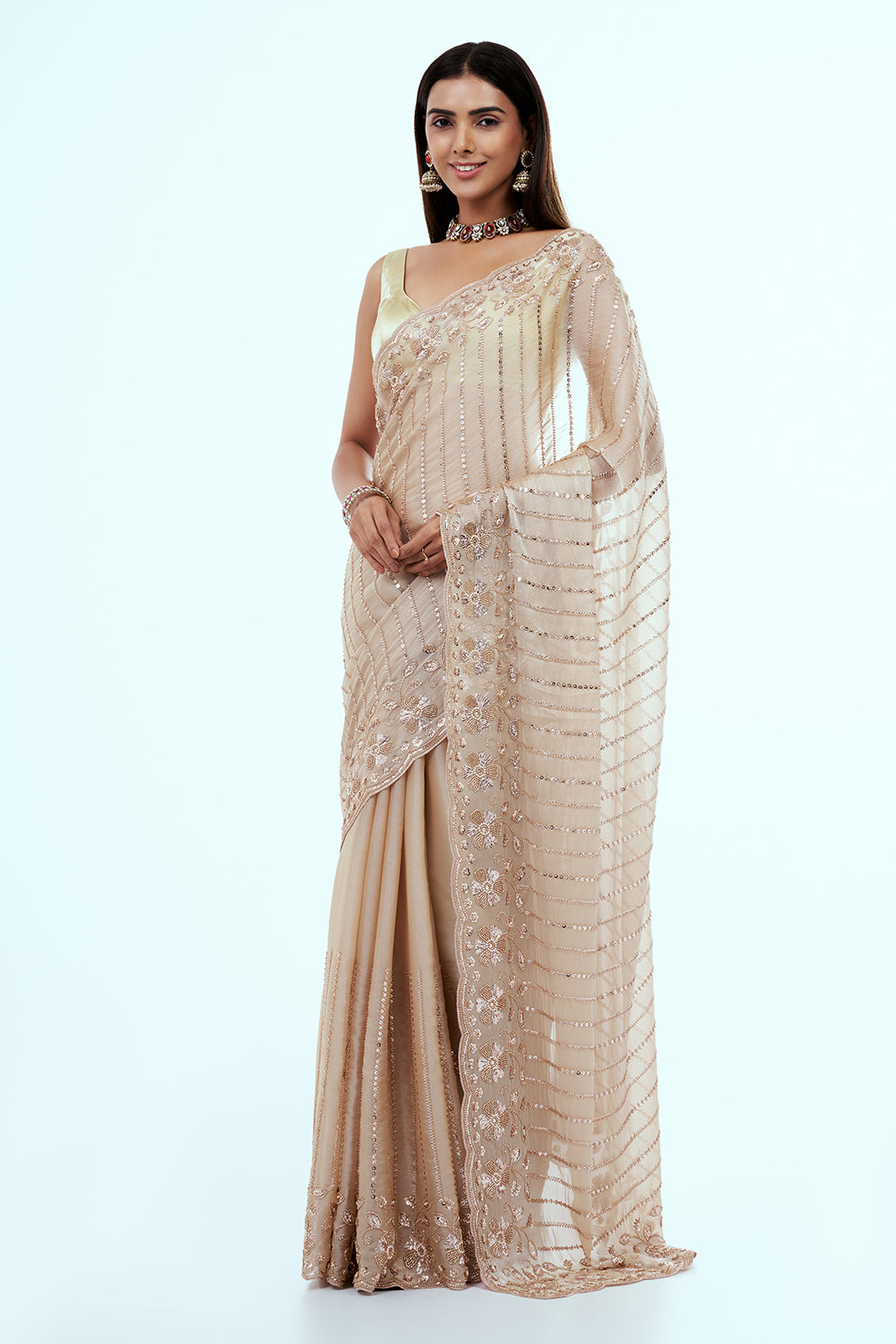 Beige Shimmer Organza Saree with Sequin Work
