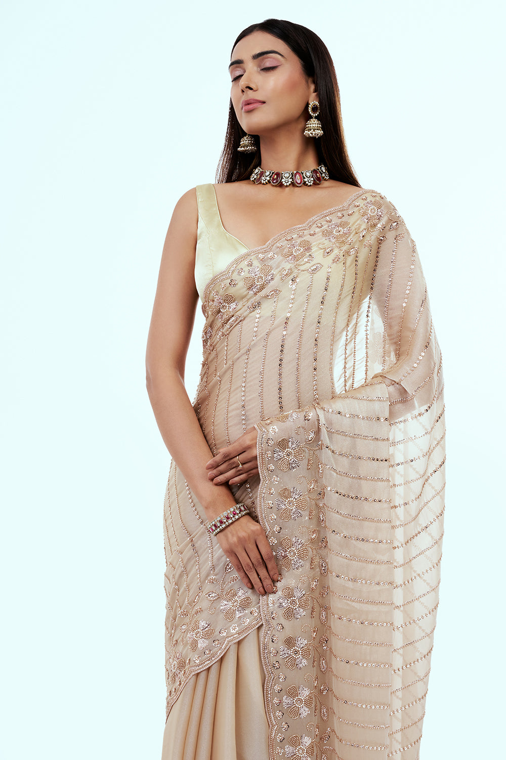 Beige Shimmer Organza Saree with Sequin Work