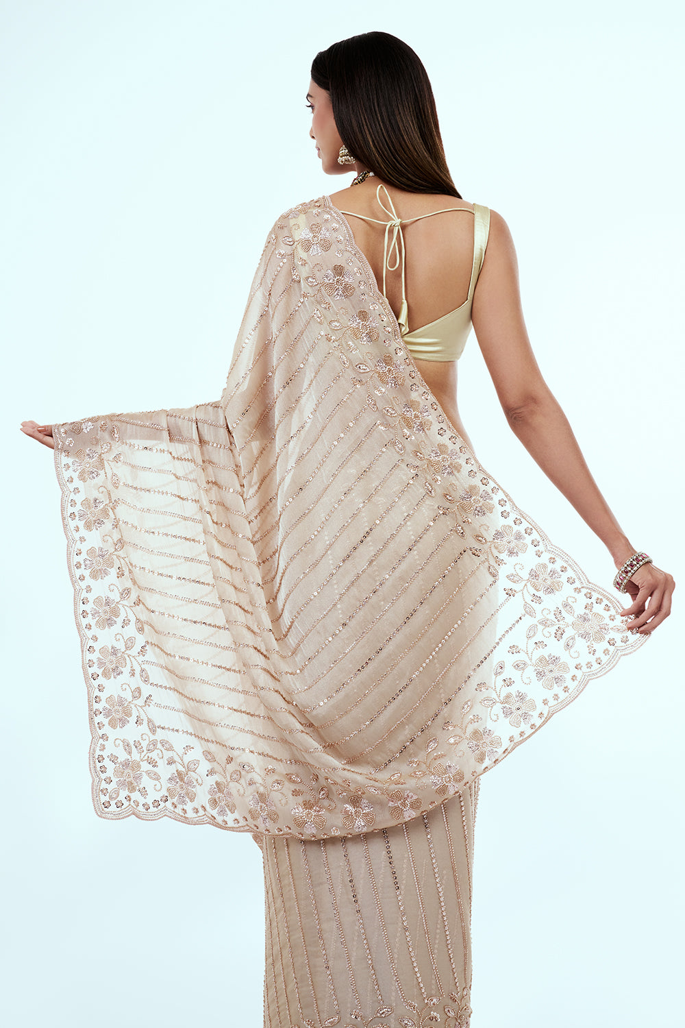 Beige Shimmer Organza Saree with Sequin Work