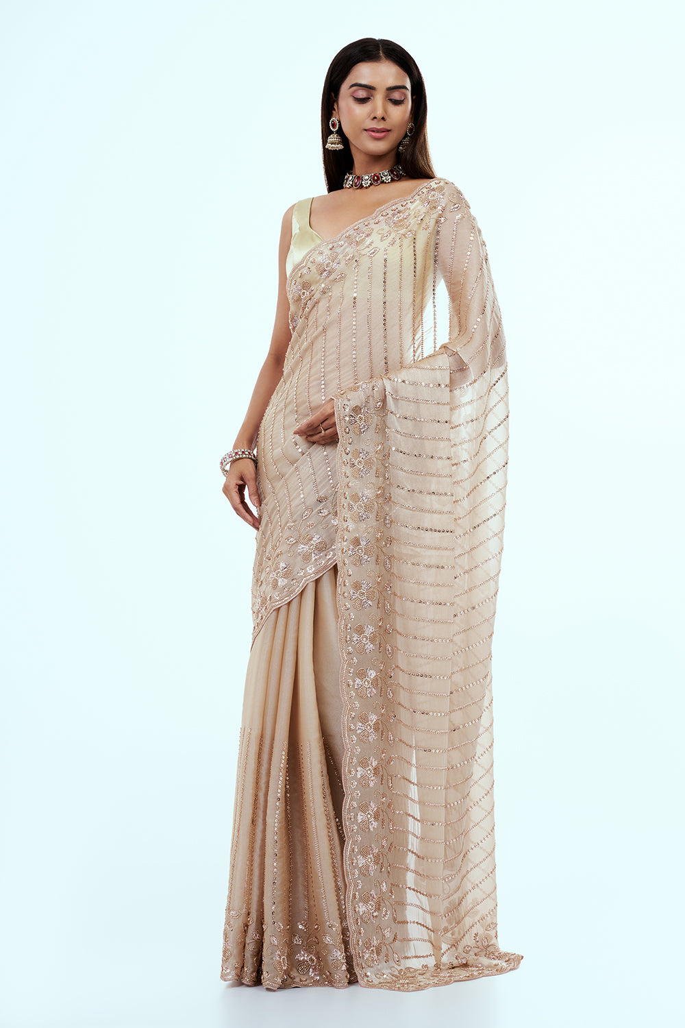 Beige Shimmer Organza Saree with Sequin Work