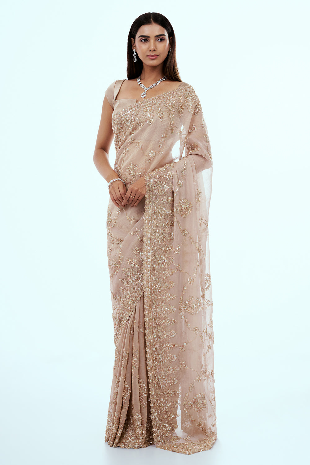 Beige Shimmer Tissue Saree with Sequin and Cutdana Work
