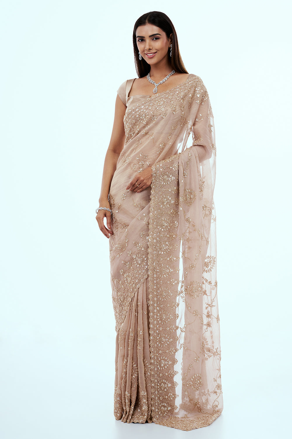 Beige Shimmer Tissue Saree with Sequin and Cutdana Work