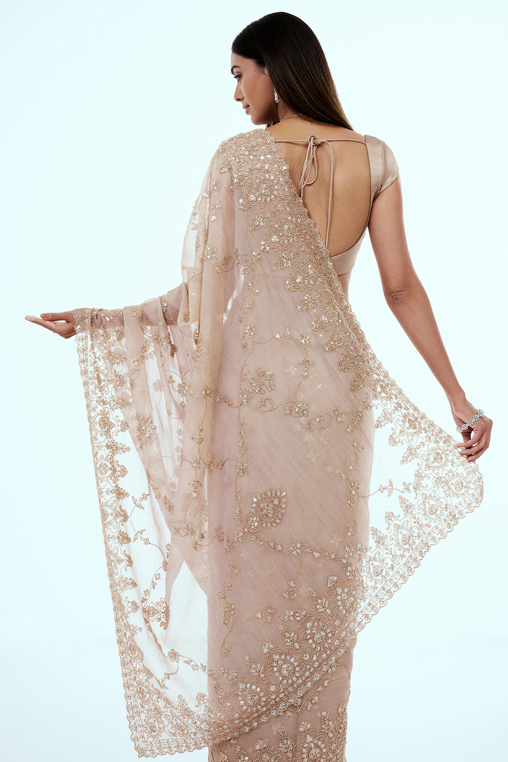 Beige Shimmer Tissue Saree with Sequin and Cutdana Work