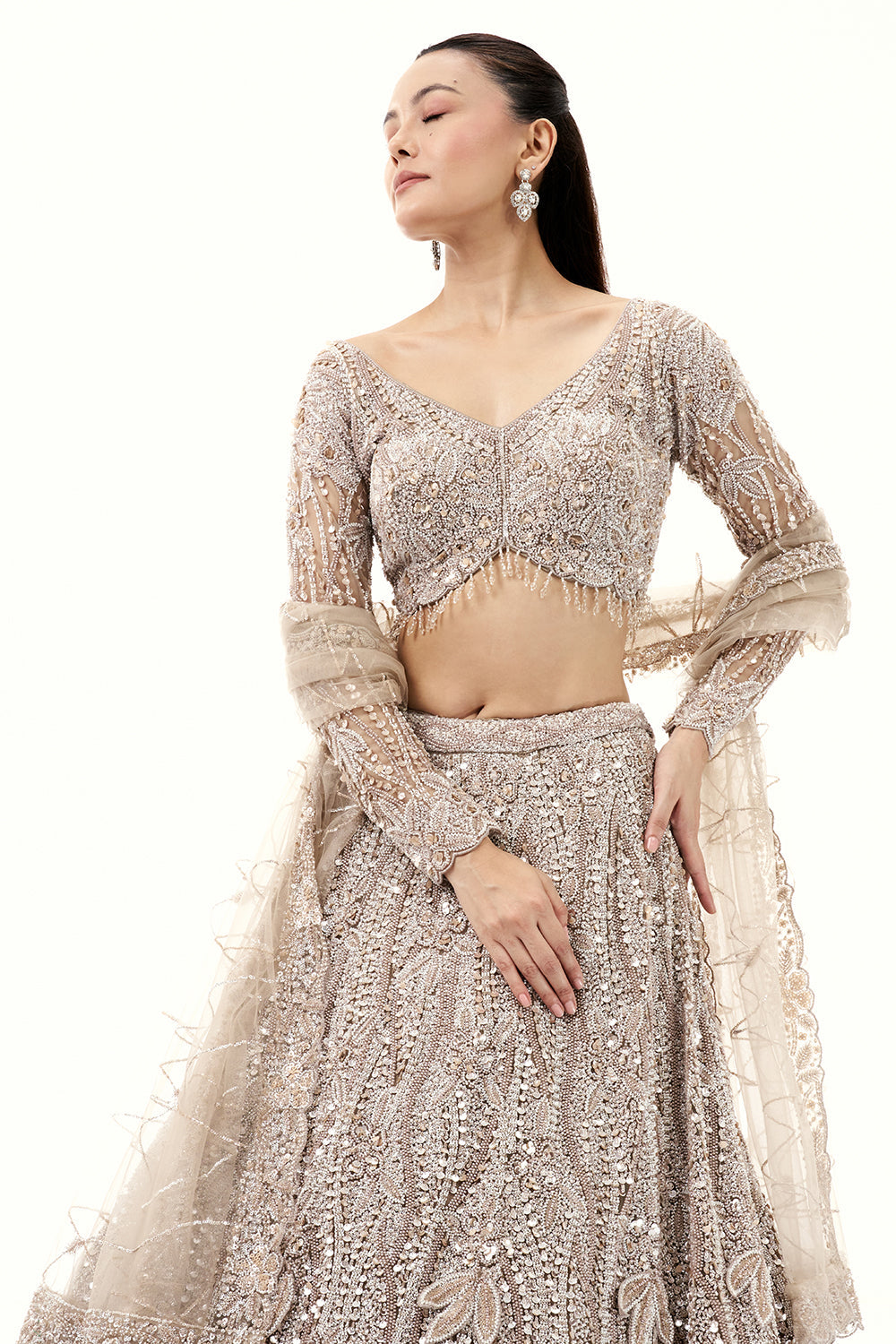 Beige Silver Lehenga with Sequins and 3D Flower Embroidery