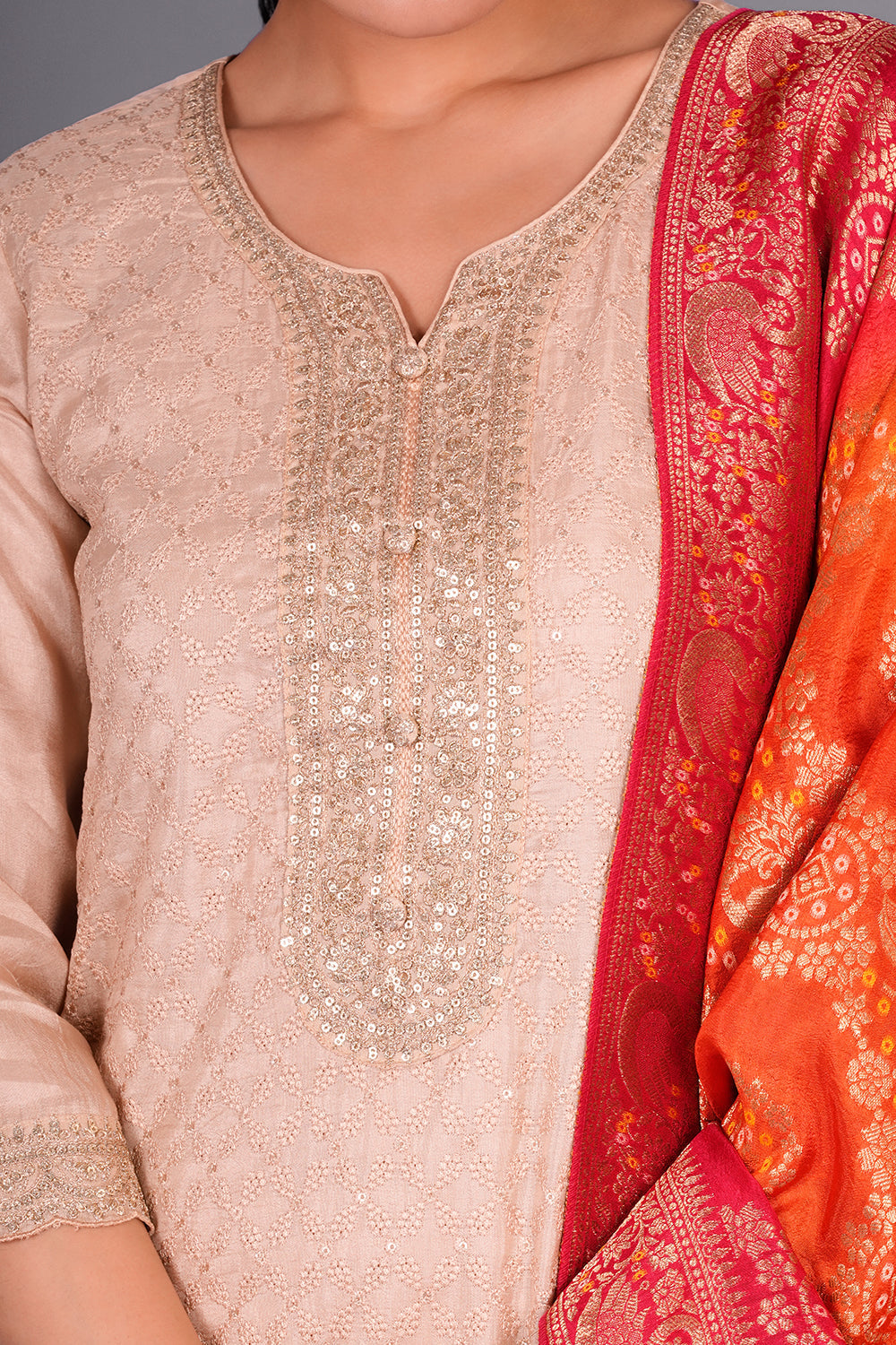 Biscuit Cream Pure Silk Kurta Set with Resham Embroidery