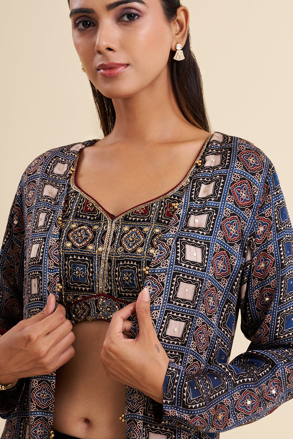 Black and Blue Satin Modal Fusion Set with Ajrakh Work