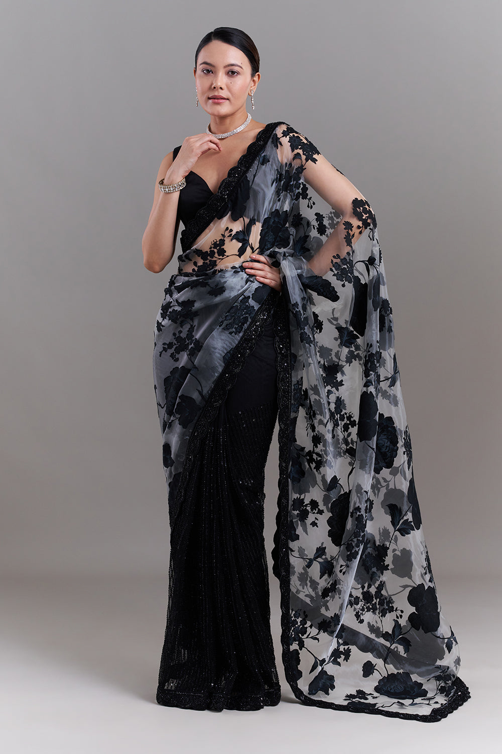 Black and Grey Satin Appliqué Saree and Stitched Blouse