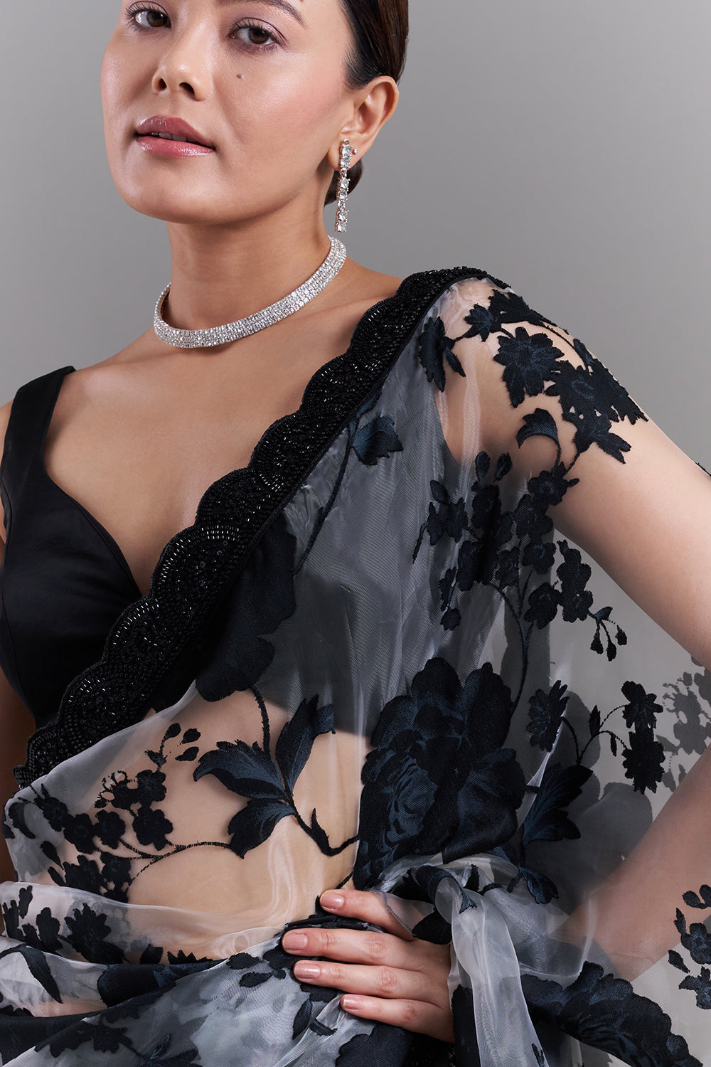 Black and Grey Satin Appliqué Saree and Stitched Blouse