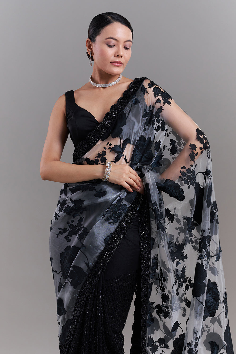 Black and Grey Satin Appliqué Saree and Stitched Blouse
