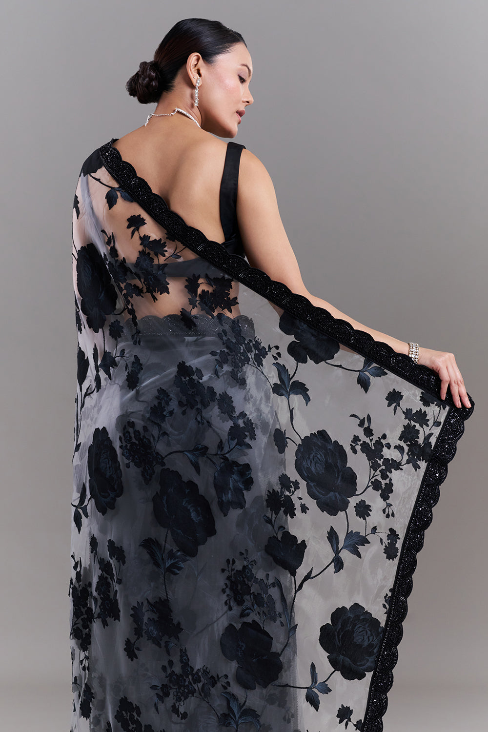 Black and Grey Satin Appliqué Saree and Stitched Blouse