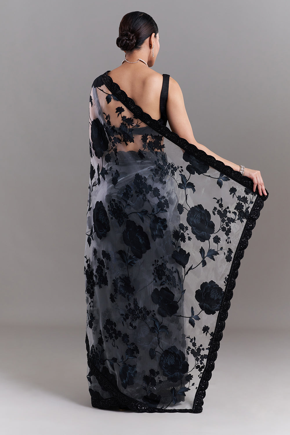 Black and Grey Satin Appliqué Saree and Stitched Blouse