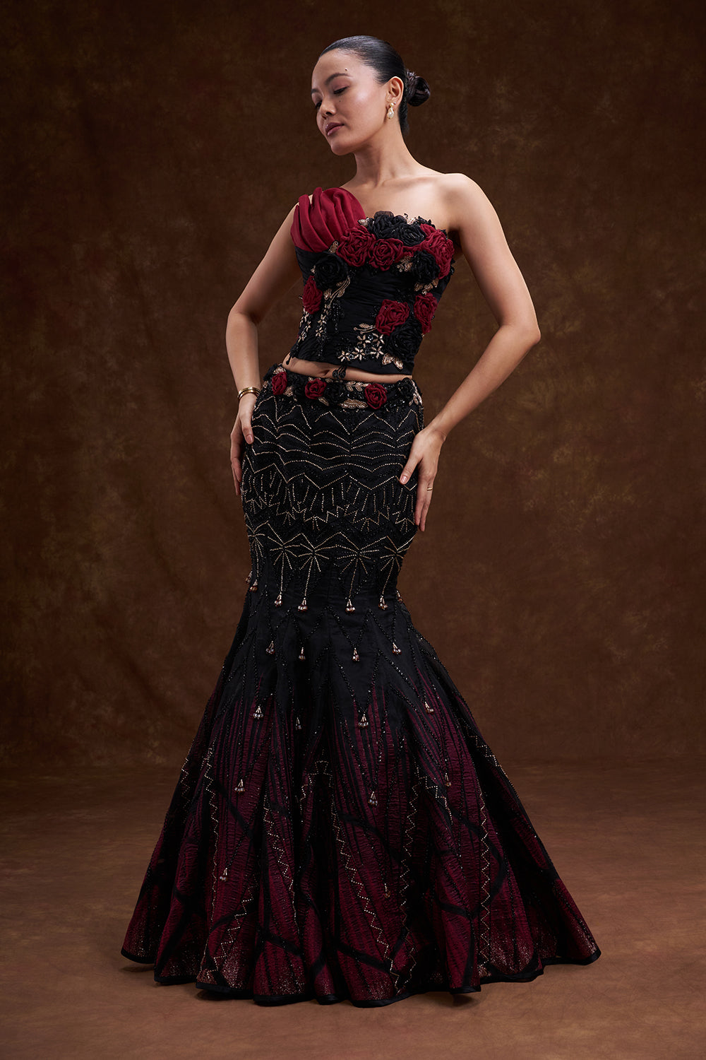 Black and Red Shaded Organza Fishcut Lehenga Set