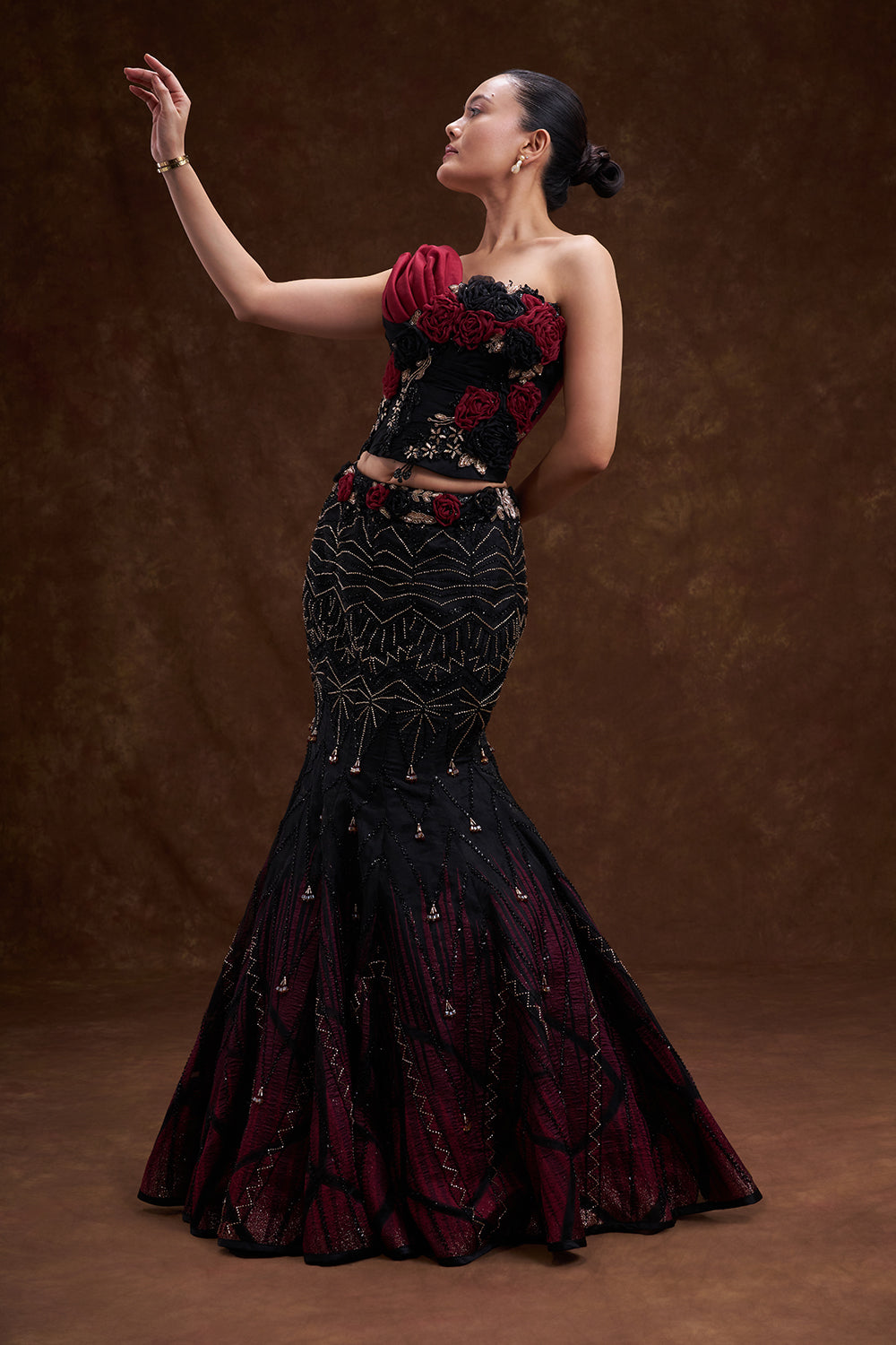 Black and Red Shaded Organza Fishcut Lehenga Set