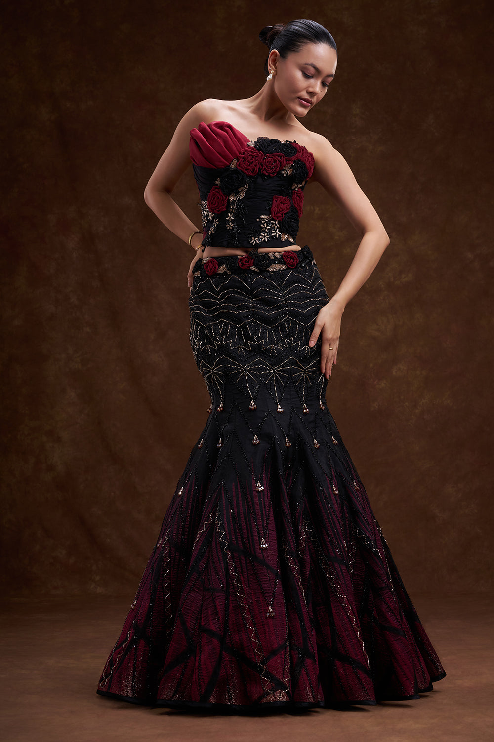 Black and Red Shaded Organza Fishcut Lehenga Set