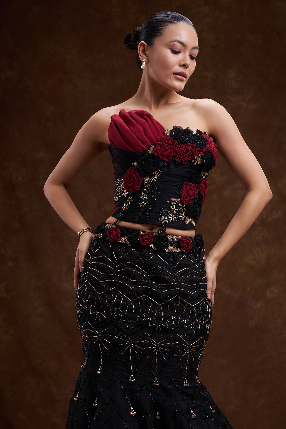 Black and Red Shaded Organza Fishcut Lehenga Set