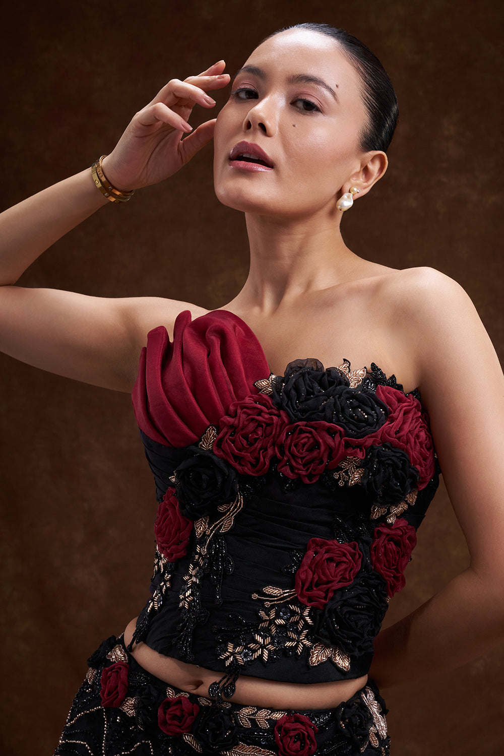 Black and Red Shaded Organza Fishcut Lehenga Set