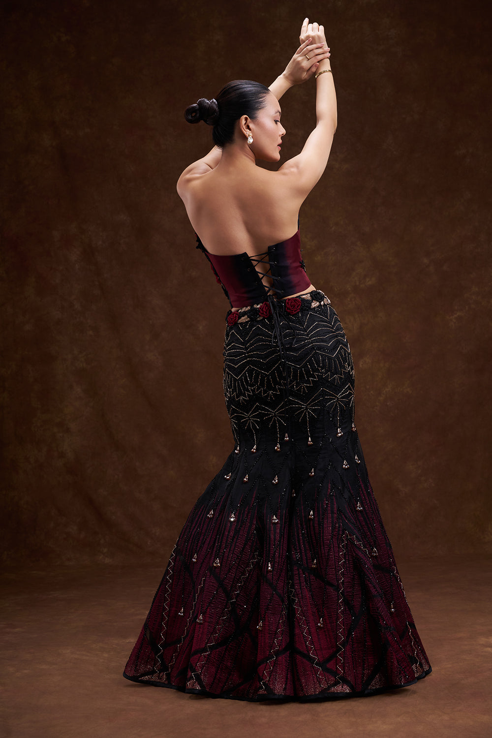 Black and Red Shaded Organza Fishcut Lehenga Set