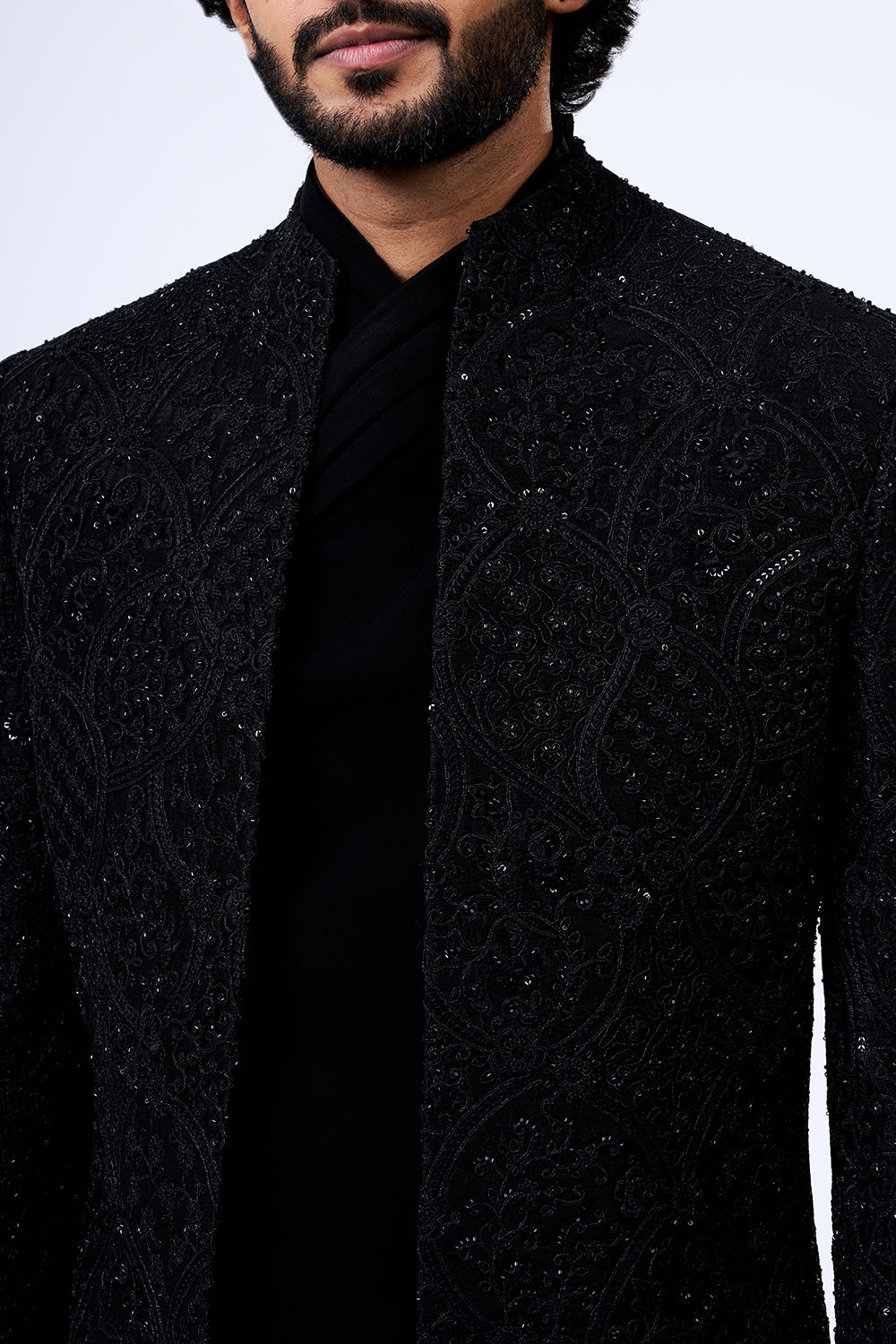 Black Art Silk Cut Dana Embellished Jacket Set