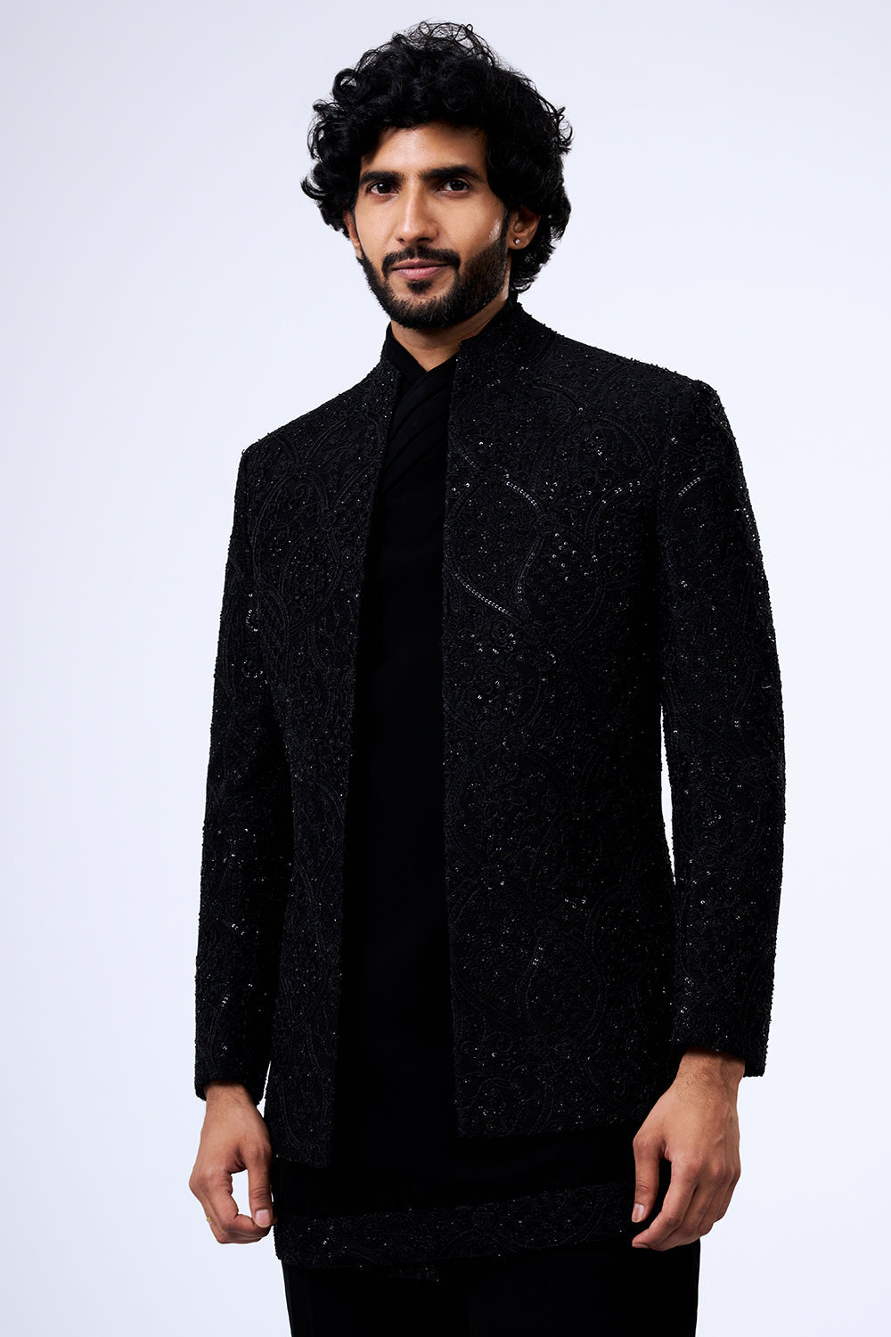 Black Art Silk Cut Dana Embellished Jacket Set