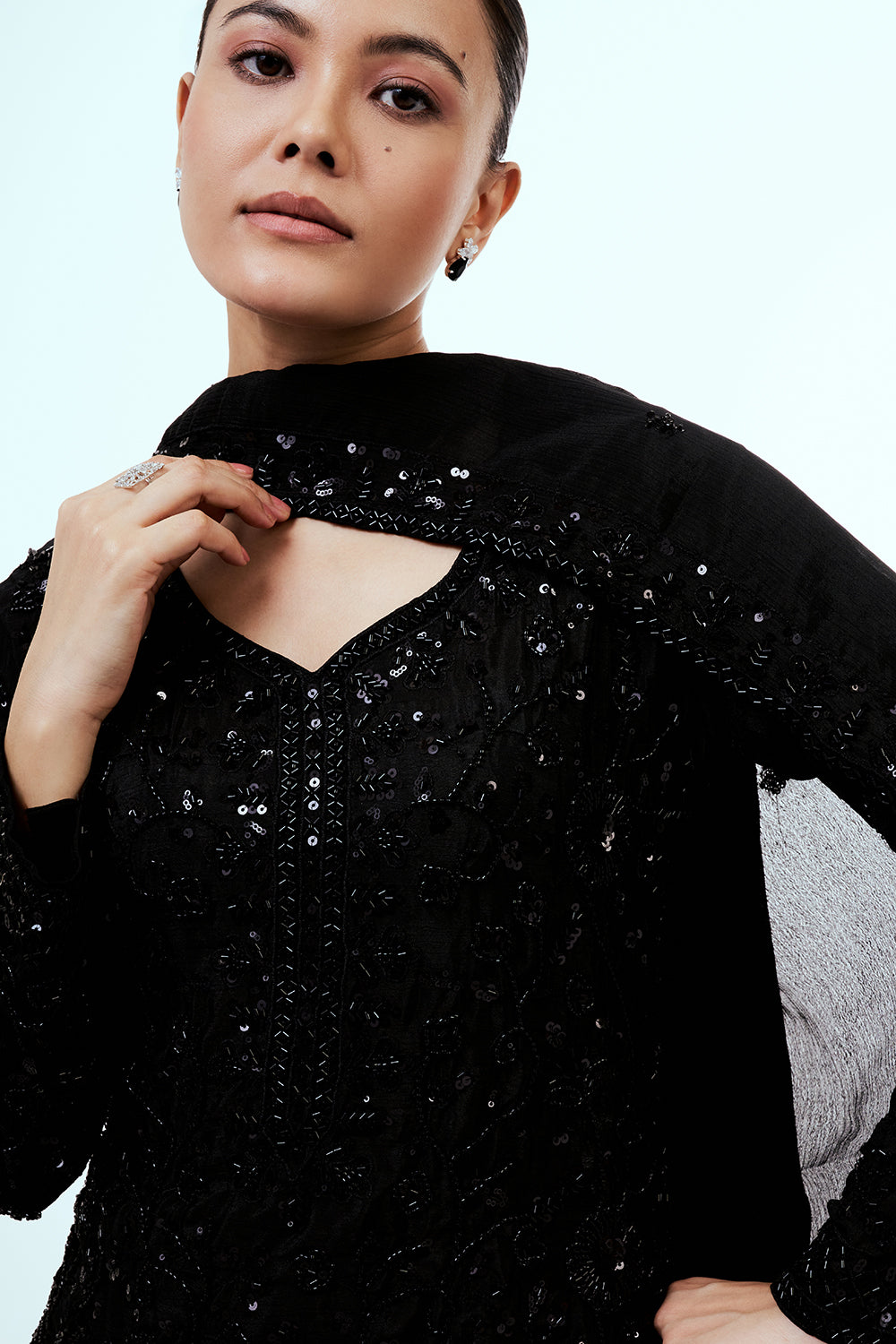 Black Chiffon Kurta Style Lehenga with Cutdana and Sequins