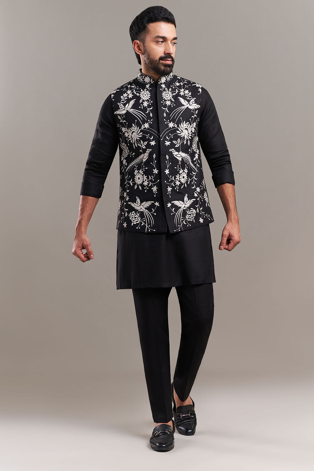 Black Cotton Jute Bird Motif Men's Jacket With Kurta