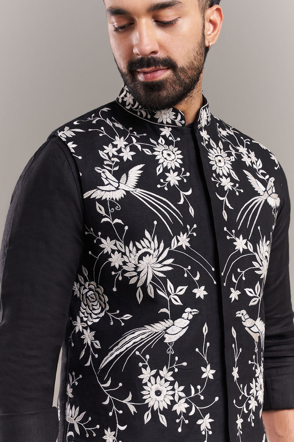 Black Cotton Jute Bird Motif Men's Jacket With Kurta