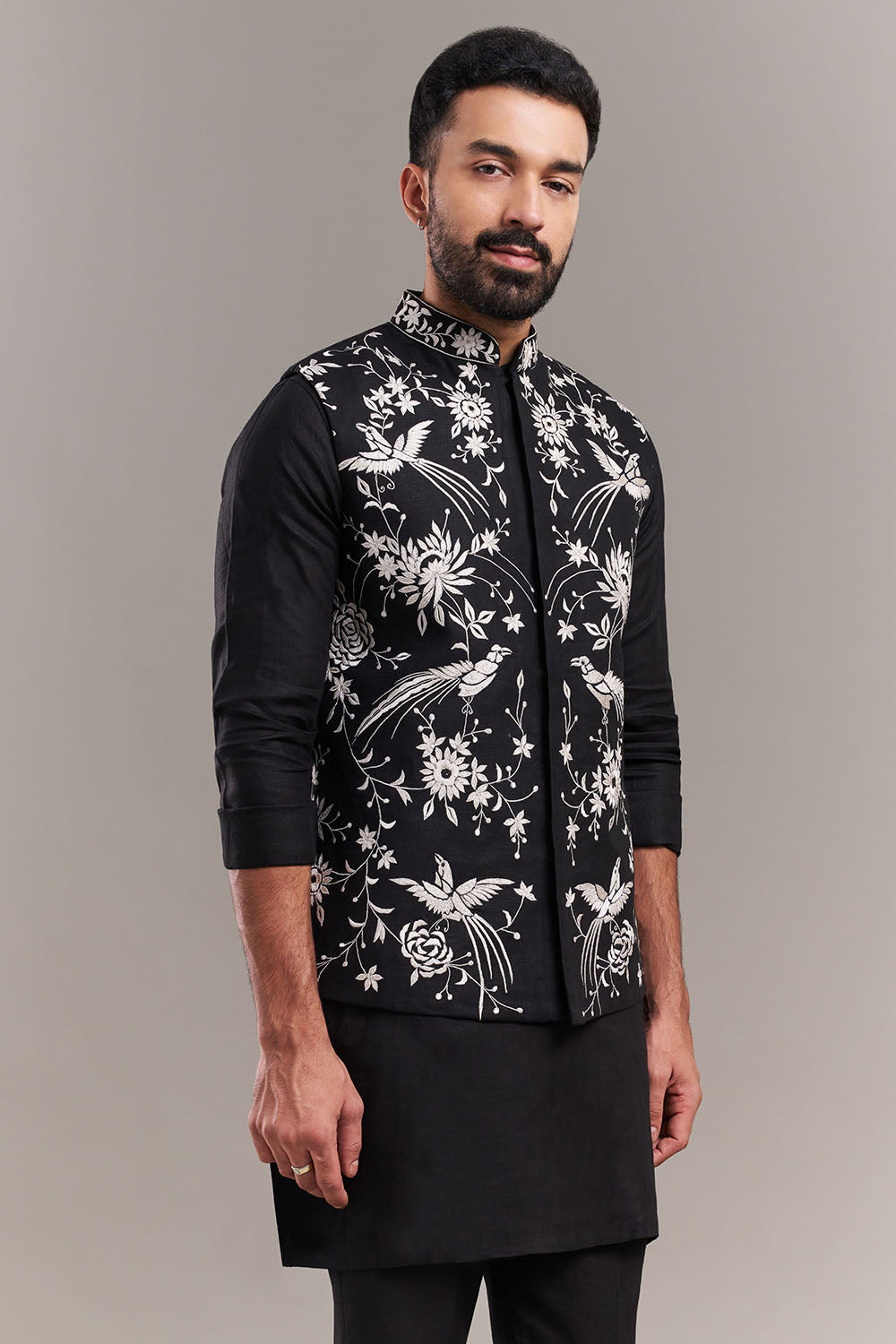 Black Cotton Jute Bird Motif Men's Jacket With Kurta