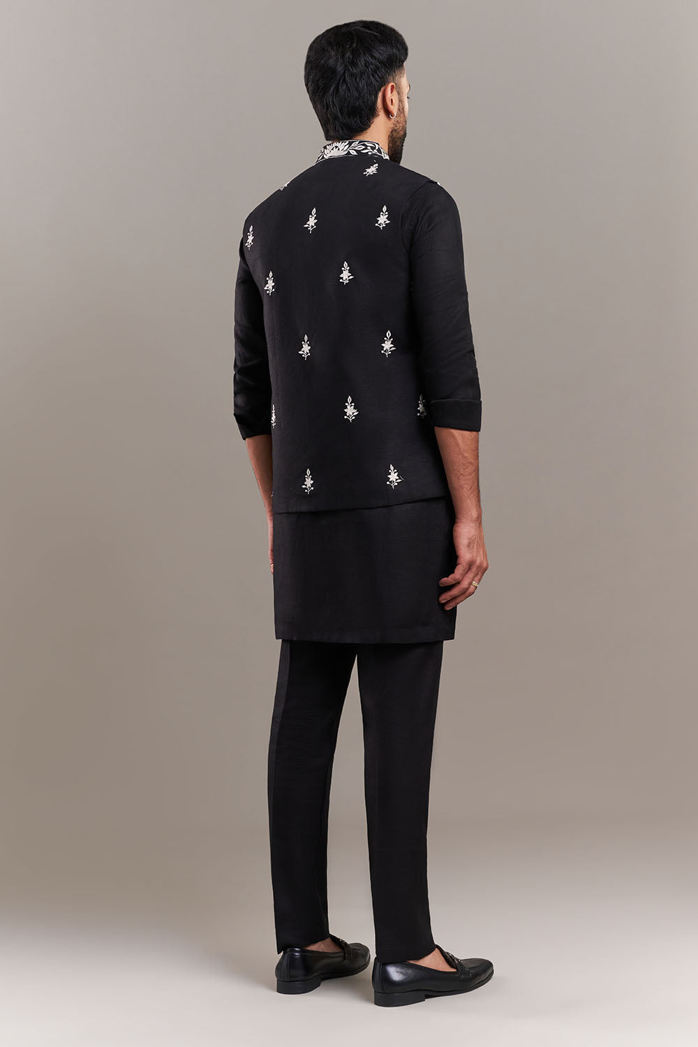 Black Cotton Jute Bird Motif Men's Jacket With Kurta