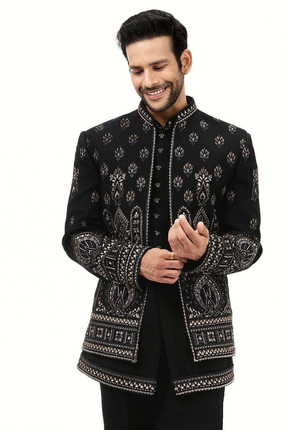 Black Cotton Jute Mens Jodhpuri Set Resham and Zari Work
