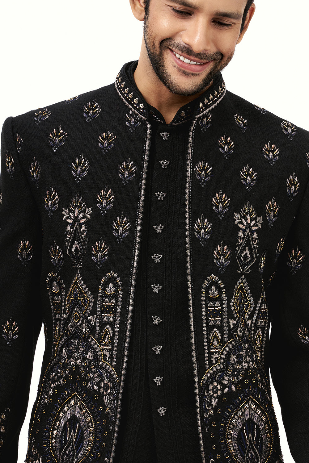 Black Cotton Jute Mens Jodhpuri Set Resham and Zari Work