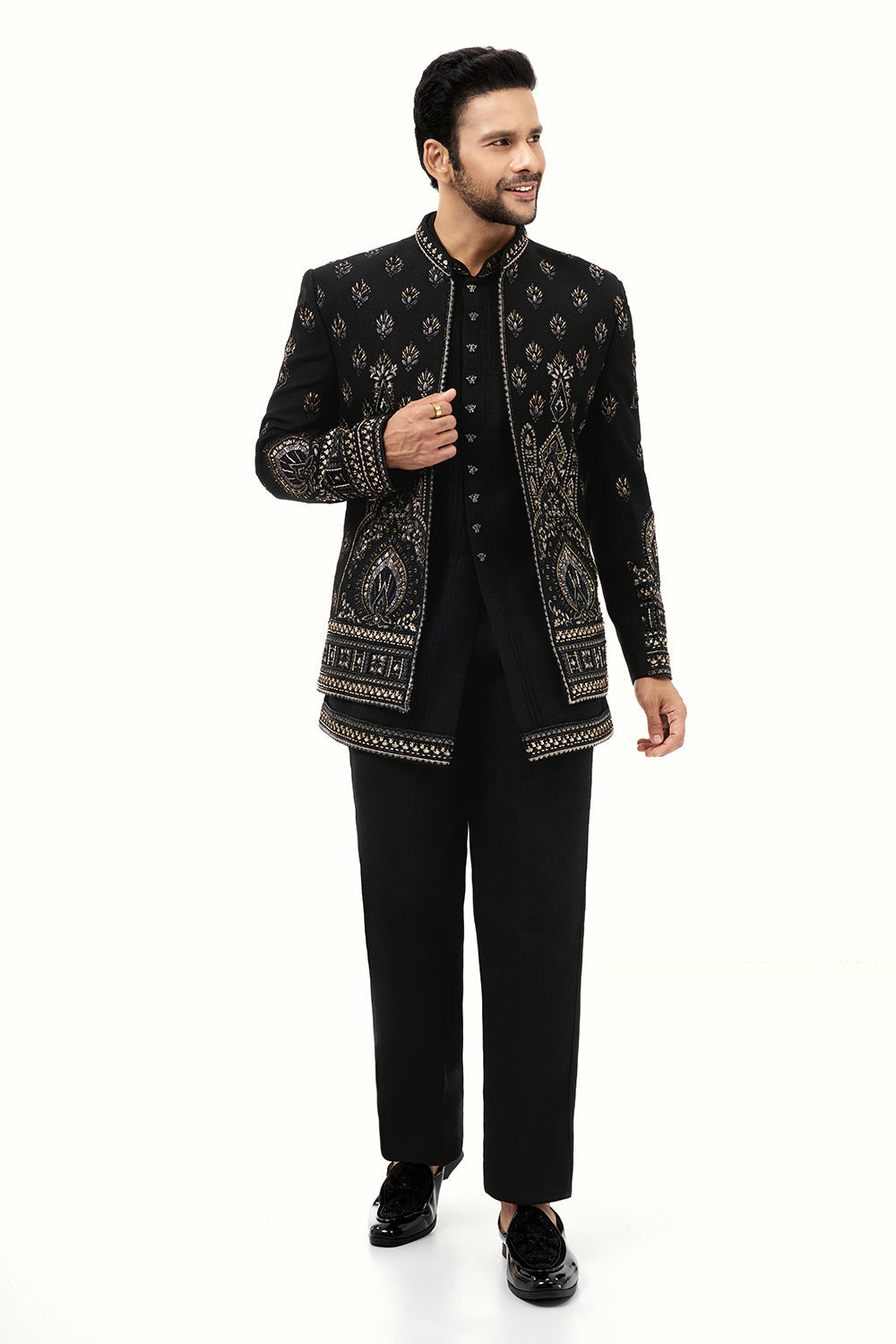 Black Cotton Jute Mens Jodhpuri Set Resham and Zari Work