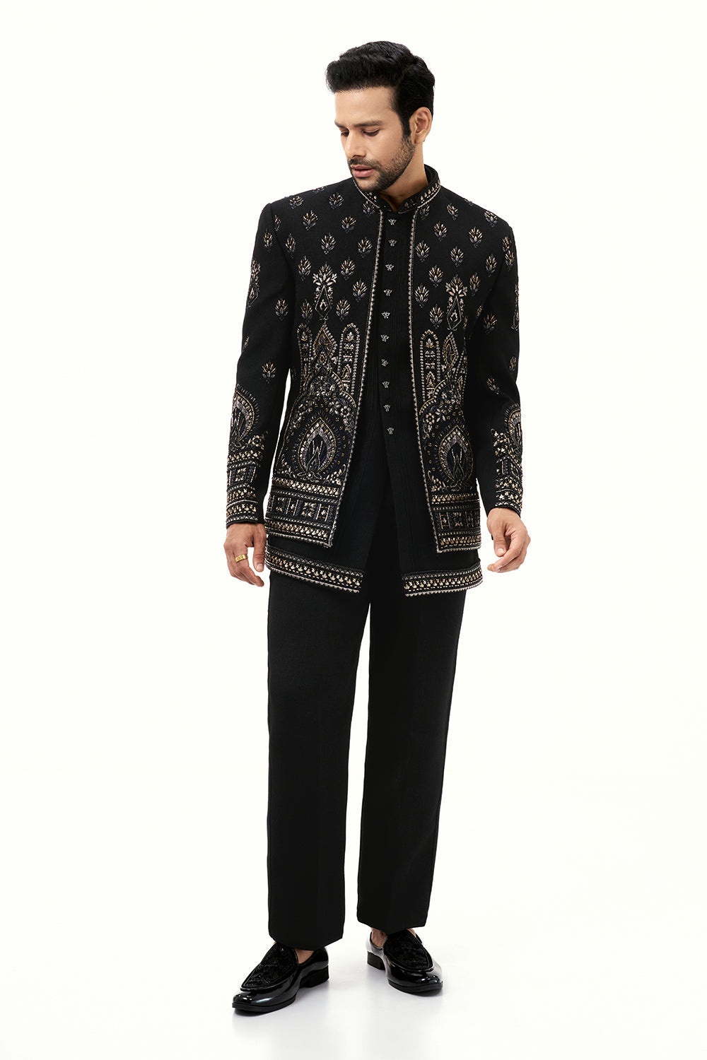 Black Cotton Jute Mens Jodhpuri Set Resham and Zari Work