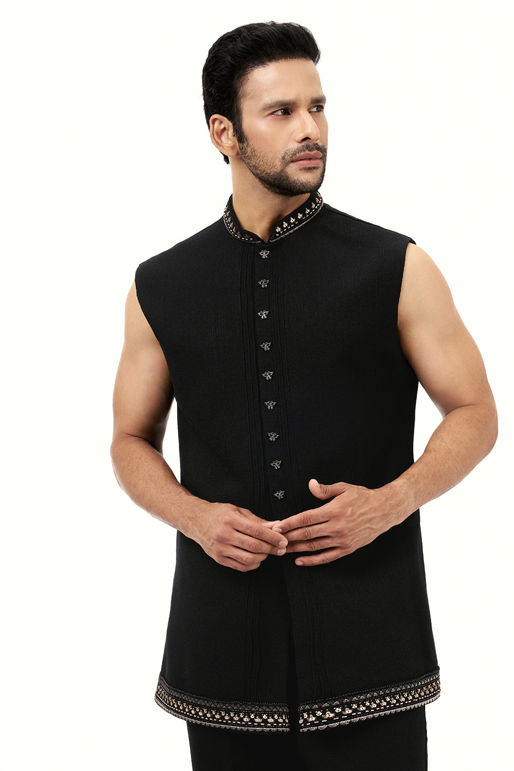 Black Cotton Jute Mens Jodhpuri Set Resham and Zari Work