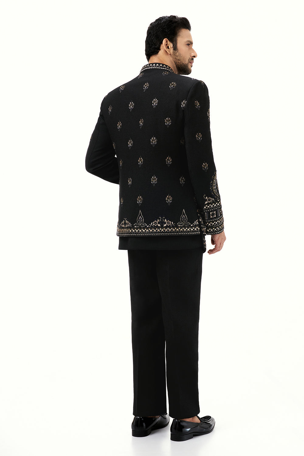 Black Cotton Jute Mens Jodhpuri Set Resham and Zari Work