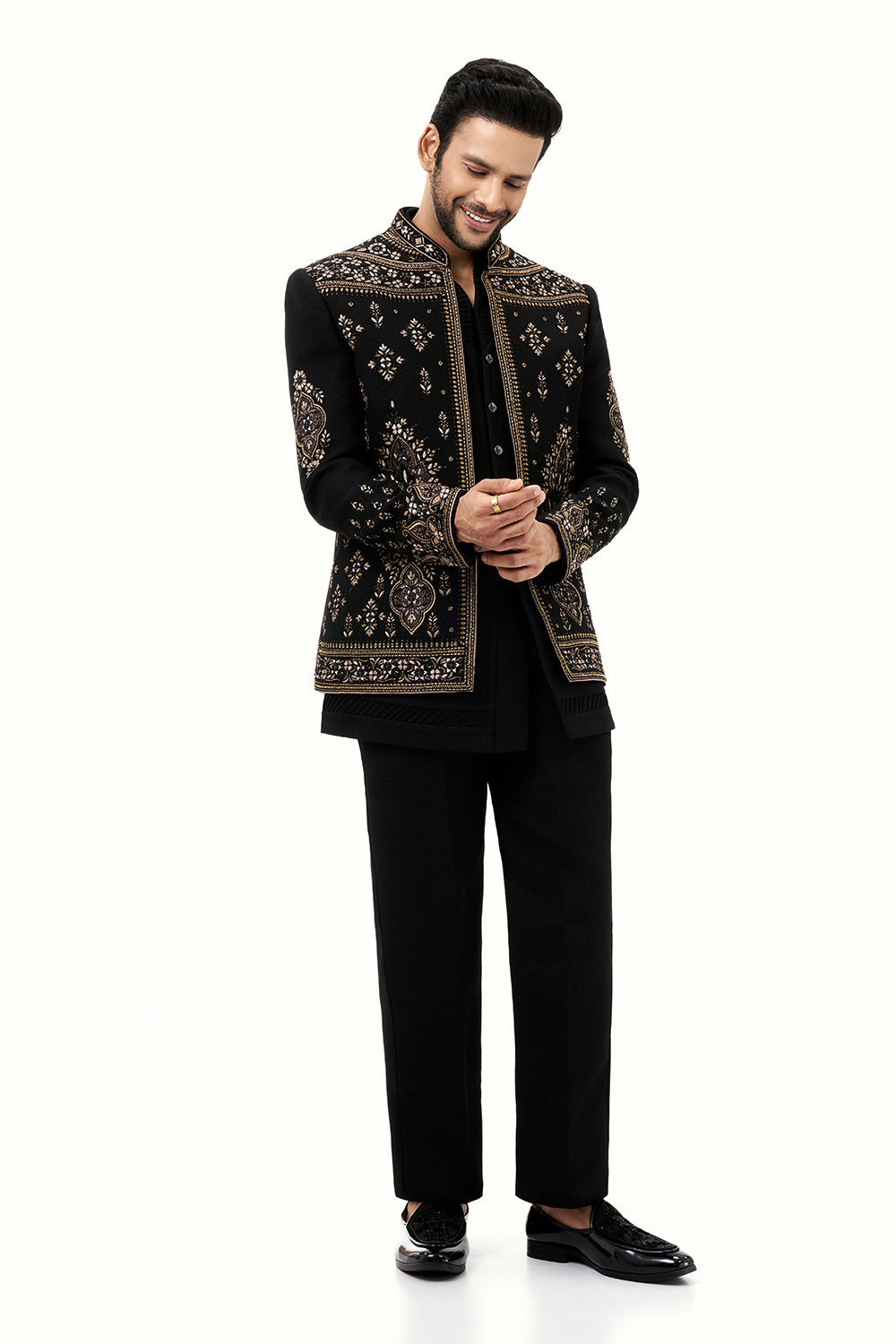 Black Cotton Jute Mens Jodhpuri Set with Resham and Cutdana Work