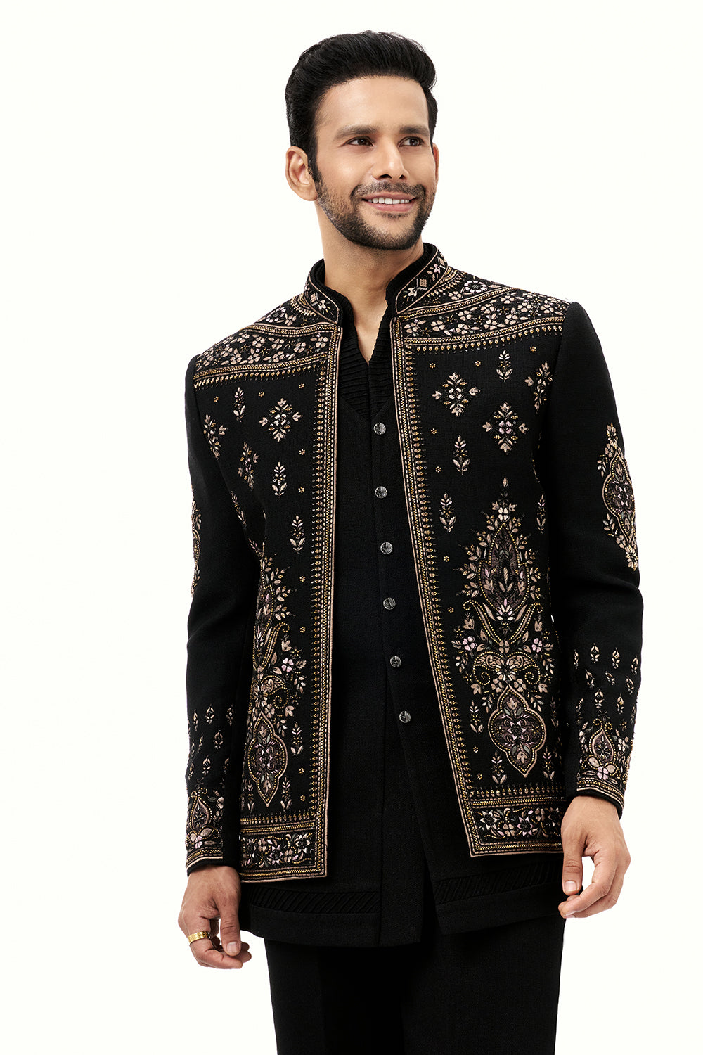 Black Cotton Jute Mens Jodhpuri Set with Resham and Cutdana Work